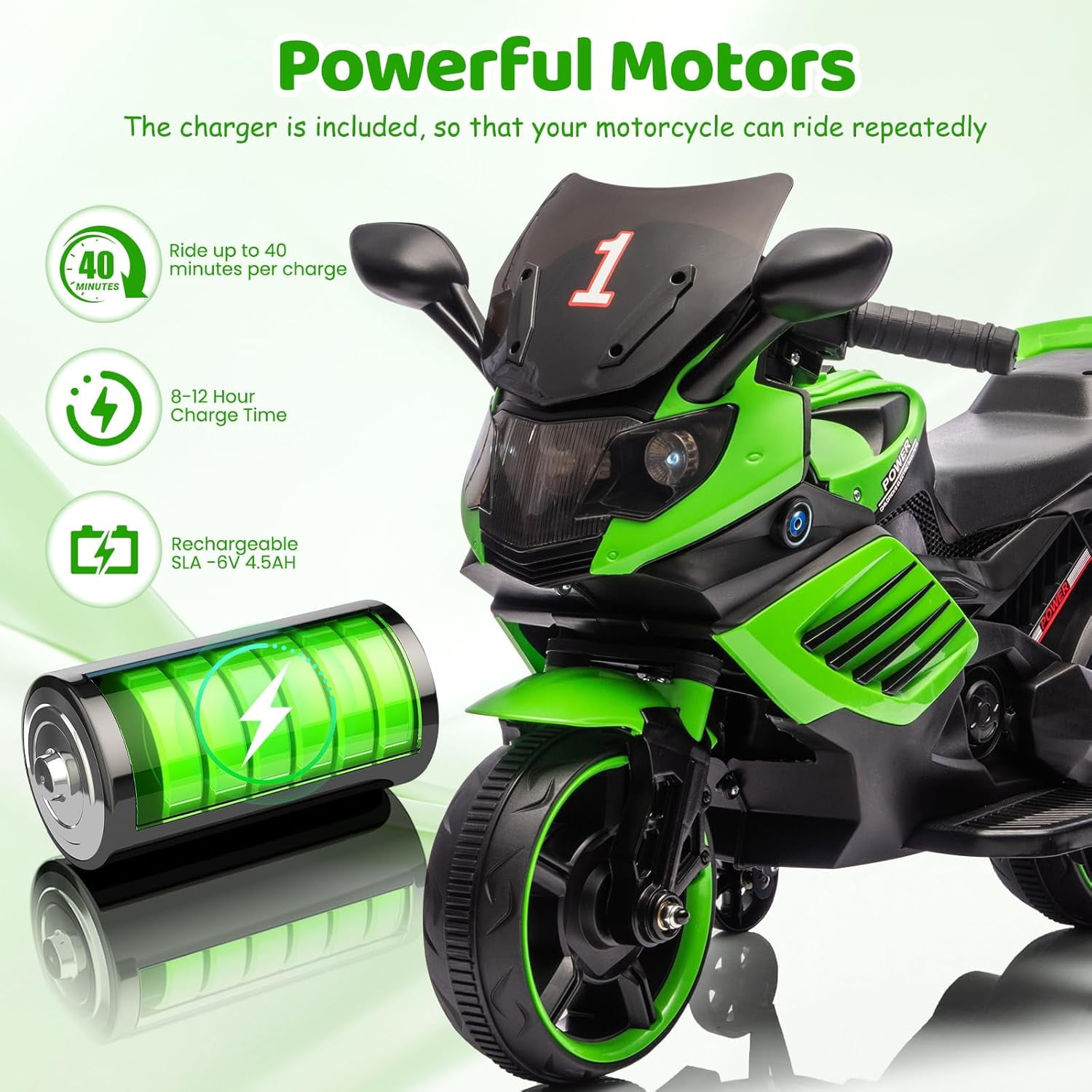 Trilenars 6V Motorcycle, Electric Ride On Car Toy with Training Wheels, Working Headlight, Horn & Music, Battery PoweRed Ride On Motorcycle Toy for Ages 3-6,Green
