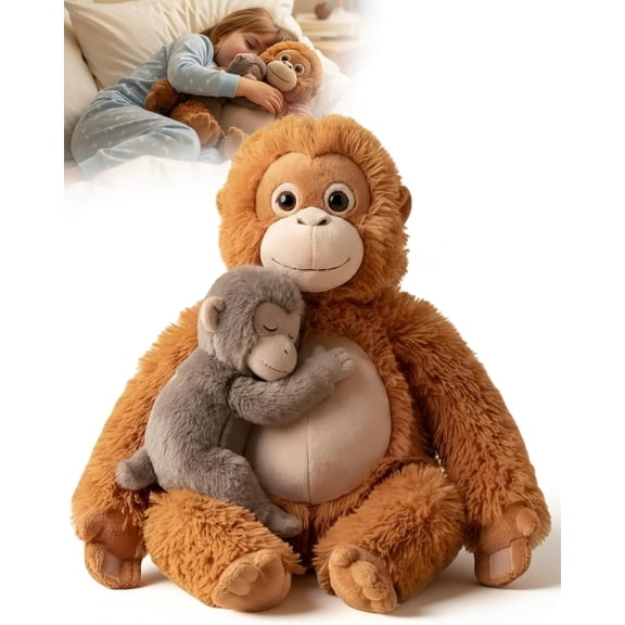 Monkey Stuffed Animal, Mama Punch Monkey Plush, Protect Stuffed Animal with Orangutan, Cute Monkey Holding Orangutan Plush, Soft Punch Orangutan Throw Pillow