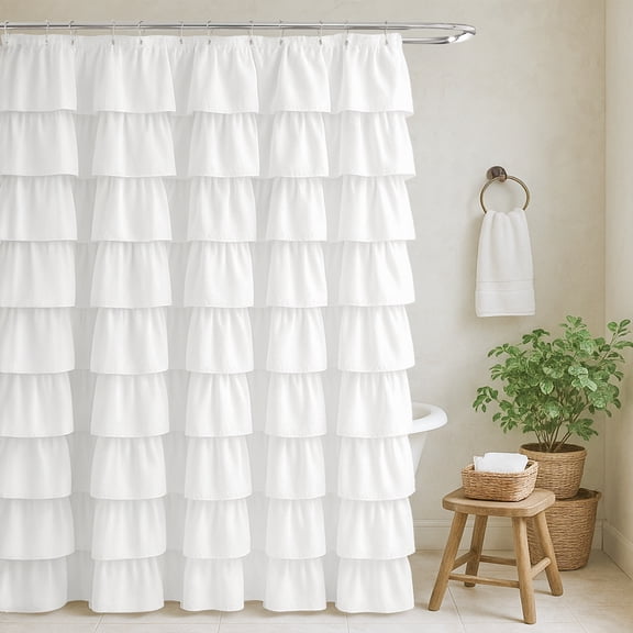 Lipa Farmhouse Ruffle Shower Curtain, Tiered Fabric Shower Curtain for Bathroom, Decorative Bath Curtain with 12 Hooks, White,72" x 72"