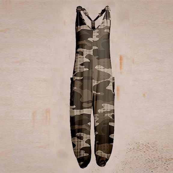 Women's Casual Camo Tie-Dye Jumpsuits, Loose Sleeveless Adjustable Strap Overall Rompers with Pockets Green XL