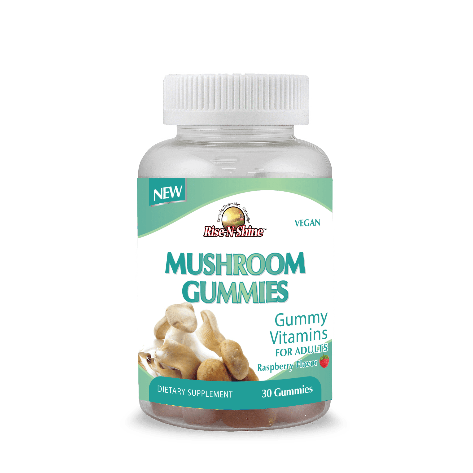 Rise-N-Shine Mushroom Gummies for Adults, Raspberry, Vegan, 30 Count