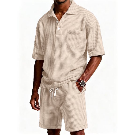 Domzest Mens Two Piece Short Set Short Sleeve Classic Polo Shirts & Drawstring Shorts Summer Outfits Tracksuits Khaki M