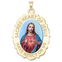 PicturesOnGold.com Sacred Heart of Jesus Scalloped Religious Medal Color - 3/4 inch X 1 inch, Solid 14K Yellow Gold