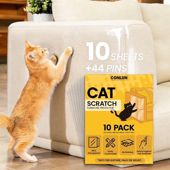 Conlun Cat Scratching Furniture Protector, 10 Pack Self-Adhesive Clear Couch Guard, Anti-Scratch Film for Sofa, Furniture Covers from Cat Claws with 44 Pins
