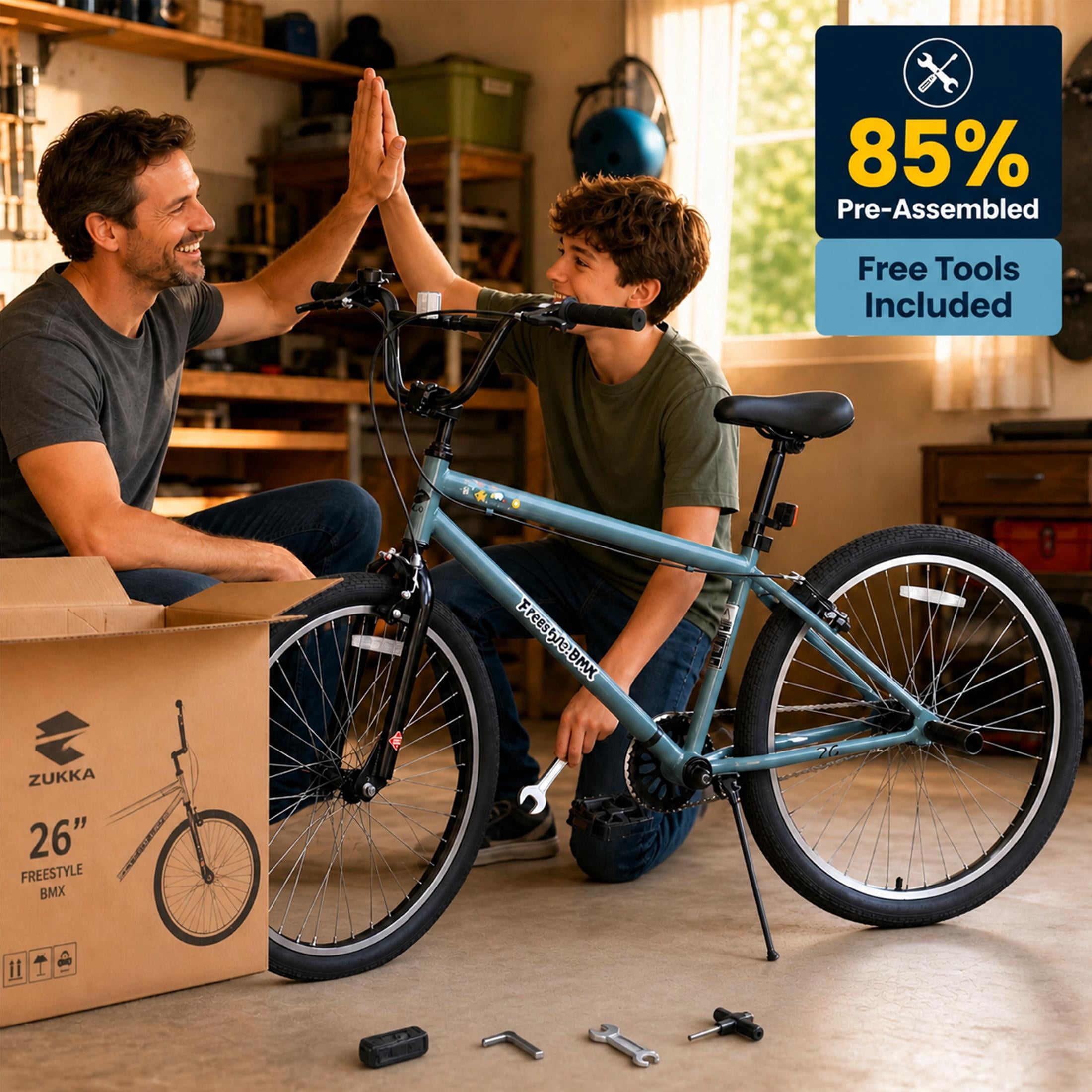 26 Inch Freestyle Bike for Teens and Adults, Single-Speed BMX Style Bicycle with 2 Pegs and High-Performance 2.35" Tires, Carbon Steel Frame Mountain Bike for Boys and Girls Ages 14+, Blue