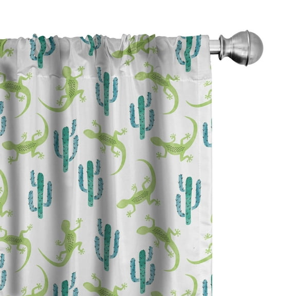 Ambesonne Exotic Curtains, Watercolor Lizards and Cacti, Pair of 28"x95", Sea Blue Lime Green