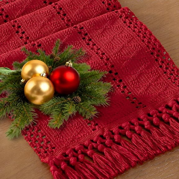 Boho Table Runner Macrame Fall Thanksgiving Farmhouse Woven Cotton Linen Rustic Coffee Table Runner with Tassels for Dresser Scarf Home Decor Dining Room 12x48 in Red