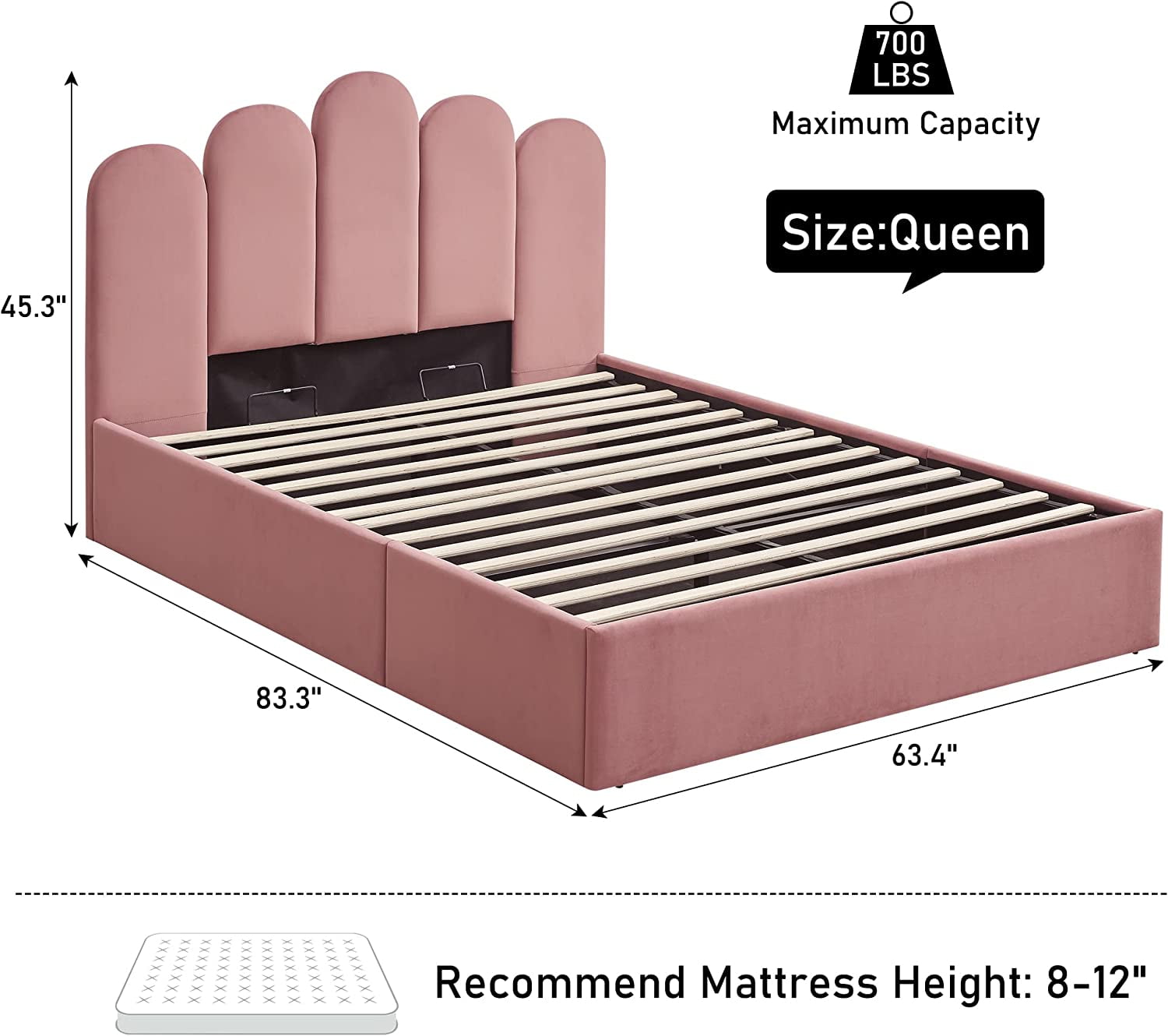 Zanmintaobo Queen Bed Frame with Storage & Headboard, Upholstered Platform Bed with Hydraulic Storage System, No Box Spring Needed Bed Frame with Wood Slats Support, Easy Assembly, Queen Size, Pink