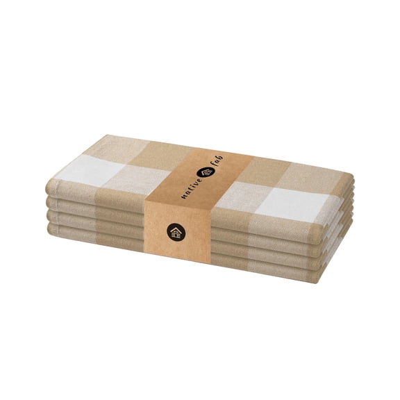 Native Fab Set of 4 Cotton Napkins - 16x16 Inches, Holiday Gingham, Soft, Durable, Beige