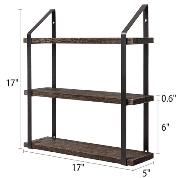 Floating Wall Shelves 3 Tier 17 Inch Rustic Hanging Shelf with Metal Bracket Wall Mount Wood Storage Display Shelves for Living Room Bathroom Bedroom Kitchen Office,Medium