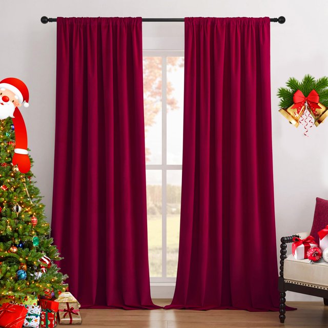 Joydeco Cortinas navideñas 100% opacas de terciopelo rojo, 84 pulgadas de largo, 2 paneles, juego de cortinas opacas para dormitorio, sala de estar, cortinas con aislamiento térmico de lujo, bolsillo