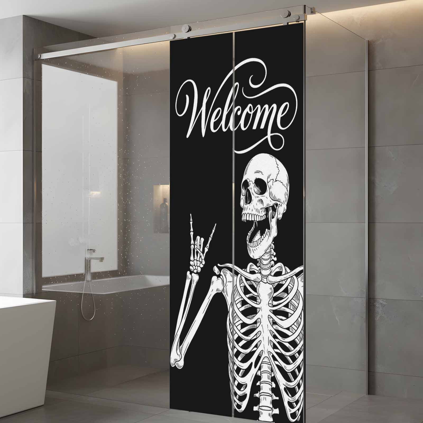 Welcome Skull Window Privacy Film, Funny Skeleton Abstract Black Background Frosted Glass Window Clings Static Cling UV Heat Blocking Reusable Door Sticker for Bathroom 23.6 x 59 Inch
