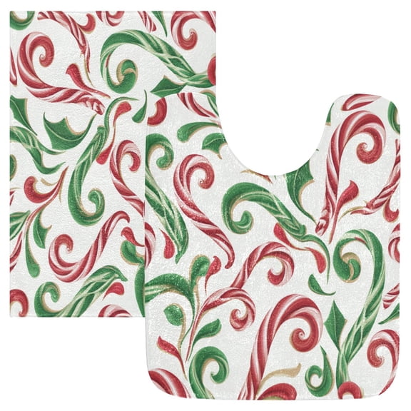 2 Piece Bath Mat Set with U-Shaped Toilet Mat and Rectangle Bath Rugs Non Slip Machine Washable Bathroom Mats Red and Green Candy-cane
