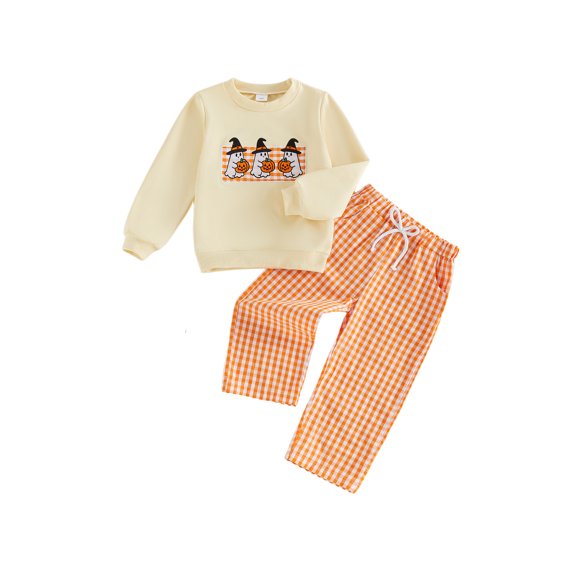 RUINIXCW Toddler Baby Boy Halloween Outfit Infant Baby Boy Fall Winter Clothes Ghost Holding Pumpkin Embroidery Long Sleeve Sweatshirt and Plaid Jogger Pants Set