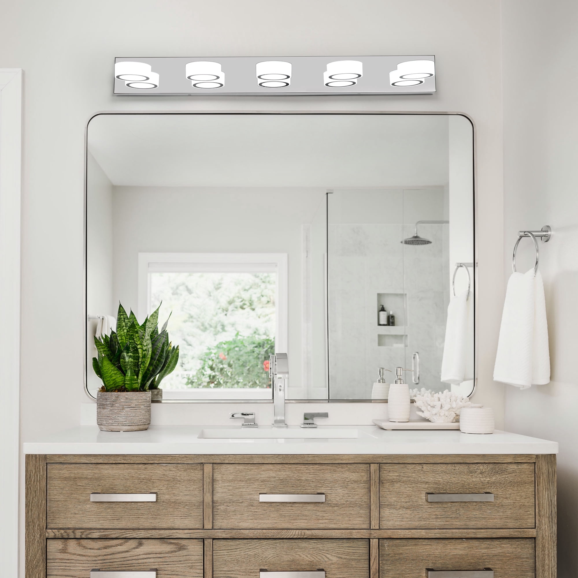 Leumius Modern 5-Light LED Vanity Light Fixture, Chrome Finish with Acrylic Light Shades, Energy-Efficient Bathroom Wall Sconce, Dimmable for Mirror, Shower and Bathroom Decor