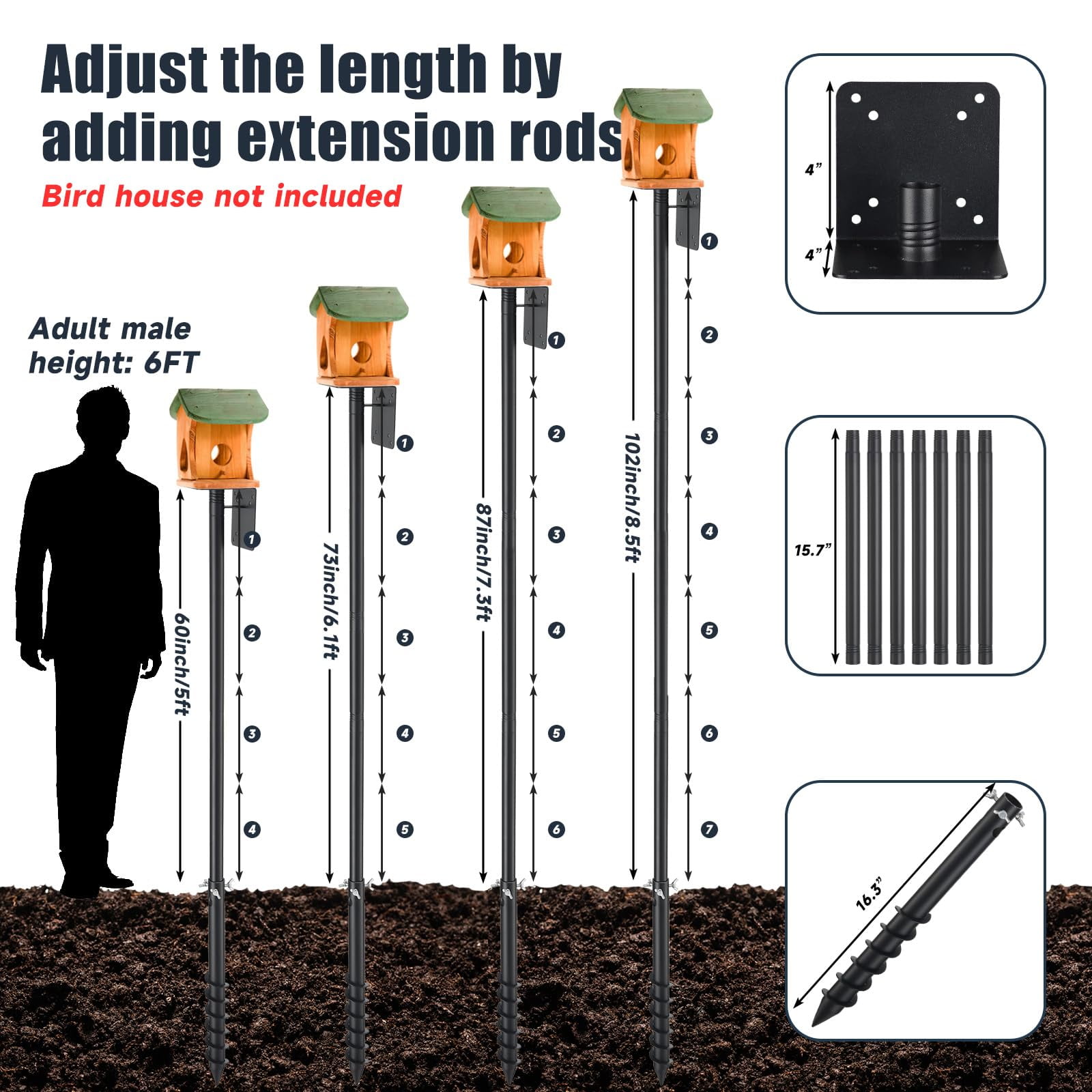 LCOKEIY Bird House Pole, 60" Bird Feeder Pole for Outside Heavy Duty, Adjustable Bird Feeder Stand, Birdhouse Pole for Bluebird, Hummingbird