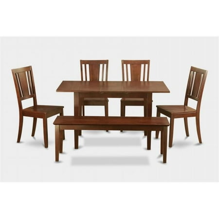 - East West Furniture NODU6C-MAH-W Norfolk 6PC Set with rectangular table featured 12 in Butterfly Leaf and 4 wood seat chairs plus one 51-in Long bench