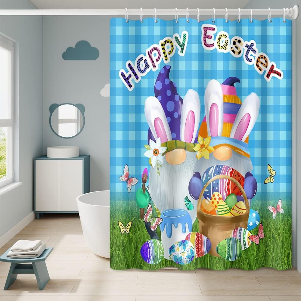 JOOCAR Happy Easter Shower Curtains for Bathroom Gnomes with Rabbits