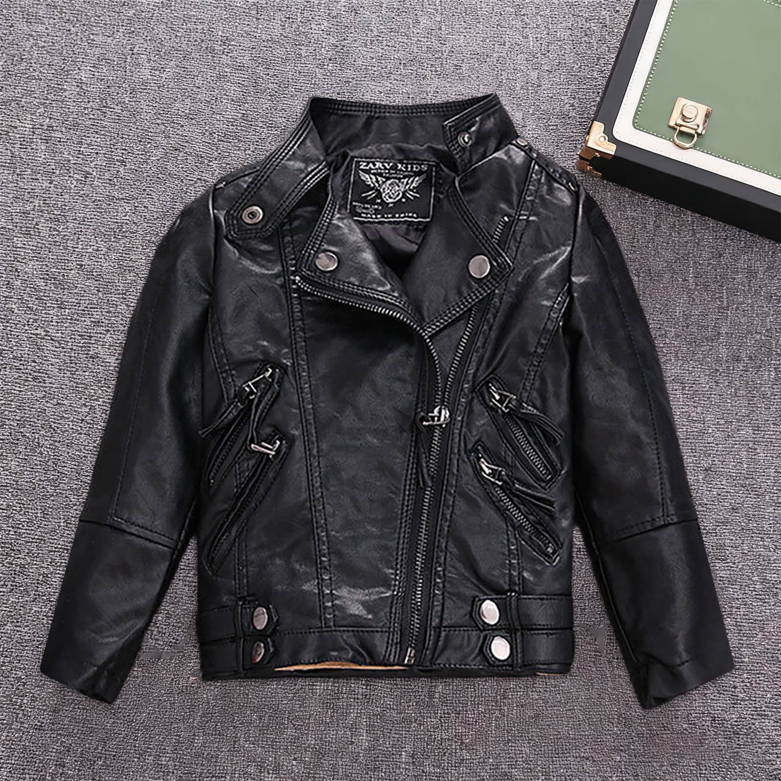 ATOGUTA Girls Faux Leather Jacket Motorcycle & Bomber Style for Kids Windproof Zip Jacket with Pockets Size 2T-14, Black