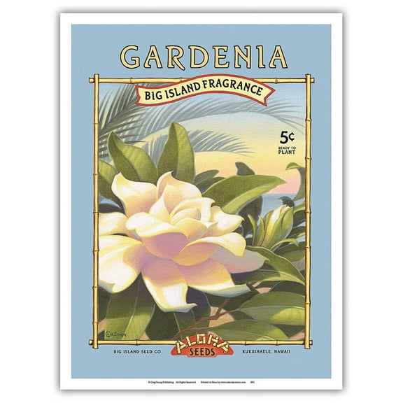 Gardenia - Aloha Seeds - Big Island Seed Company - Big Island Fragrance - Vintage Seed Packet by Kerne Erickson - Master Art Print (Unframed) 9in x 12in
