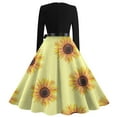thumbnail image 3 of Vintage Sunflower Print Dress for Women Long Sleeve V-Neck Floral A-Line Midi Dress with Bow Belt, 3 of 3