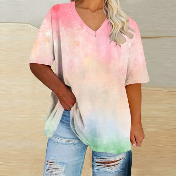 Ichuanyi Oversized Tshirts for Women V Neck Summer Short Sleeve Casual Loose Tunic Tees Sports T-shirt