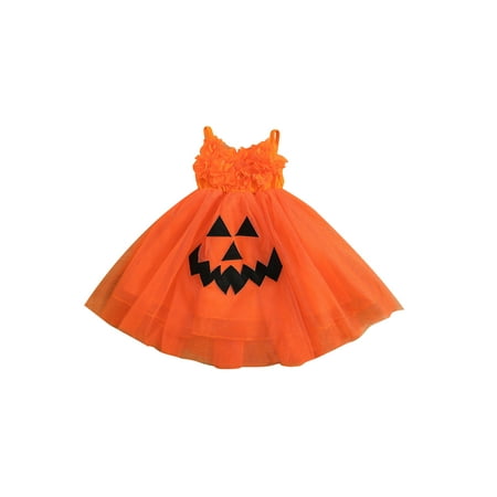 

Calsunbaby Toddler Baby Girls Halloween Dress Spaghetti Strap Flowers Grimace Pattern Mesh Patchwork Layered Hem Dress Orange 2-3 Years