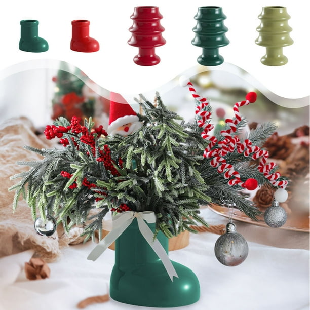 Jarrón de Cerámica con Forma de Árbol de Navidad y Botitas Rojas | Adornos Navideños de Zapatos Rojos | Florero de Escritorio | Portalápices | Soporte para Brochas de Maquillaje | 13,5 X 12,5 X 6,5 C