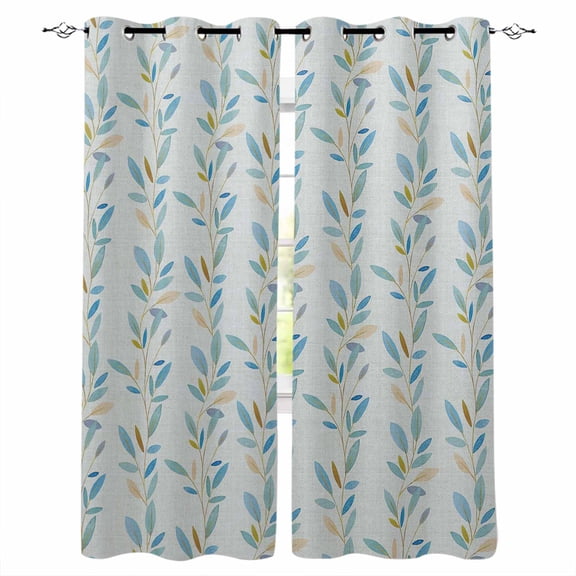 Blue Green Leaves, Blackout Curtains 72 Inches Long for Bedroom, Botanical Watercolor Plant Thermal Insulated Room Darkening Black Out Window Curtain Panels Grommet Drapes for Living Room