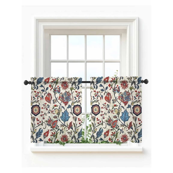 Boho Floral Tier Curtains 24 Inch Length,Sheer Curtains for Bedroom Living Room Window Blue Red Flower Vintage Petals Branch Leaf Small Half Window Kitchen Curtains & Drapes 27.5"x24" 2 Panels