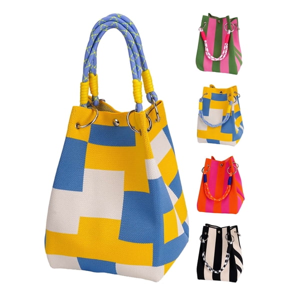 Deago Women Mini Knit Tote Bag Striped Crochet Bucket Handbag Small Purse Vacation Lightweight Beach Bag Travel Weekend