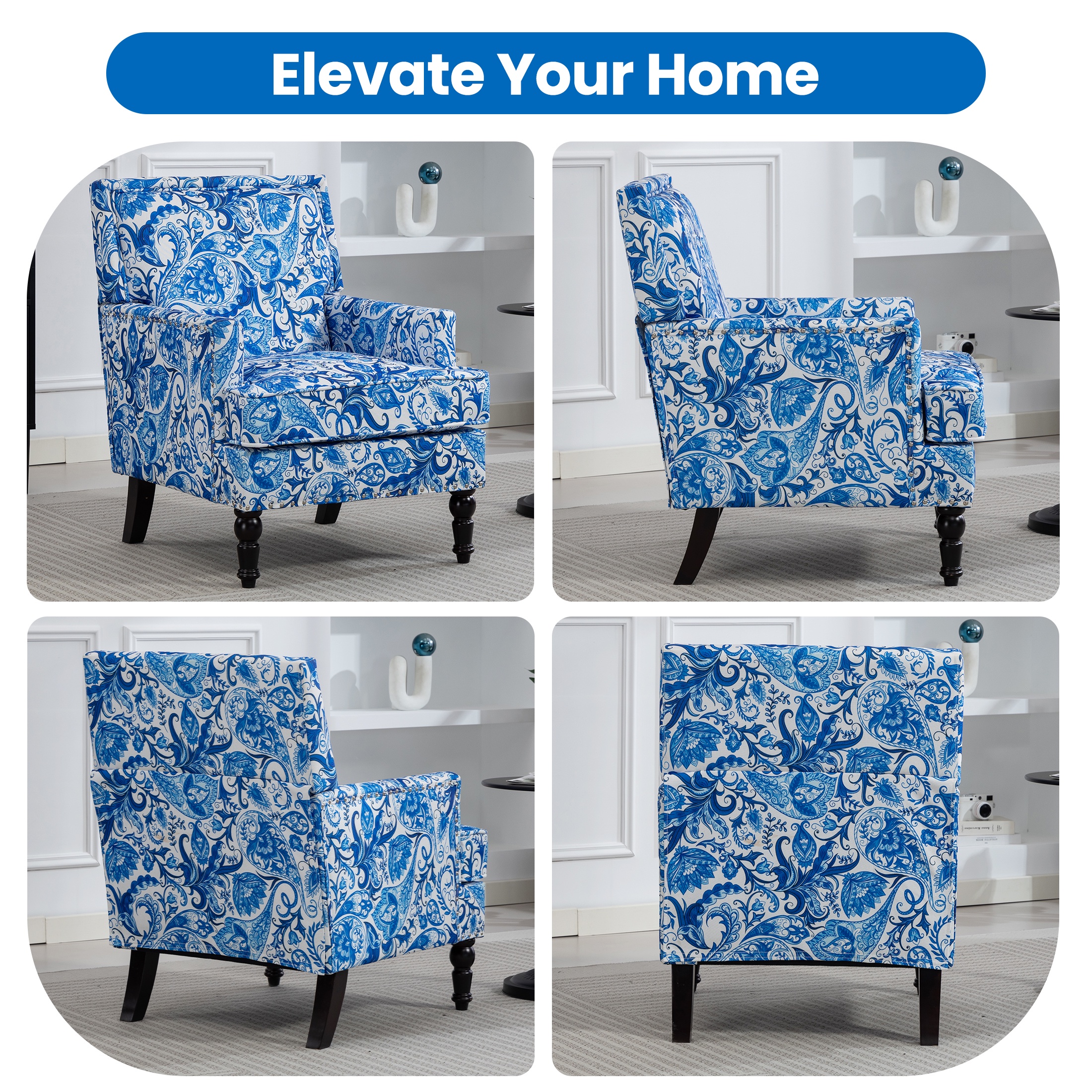 LEGAHOME Vintage Accent Chair, Upholstered Armchair with Nailhead Trim, Linen Fabric Arm Chair Comfort Reading Chair Lounge Chair for Living Room Bedroom Sunroom, Blue(1PC)