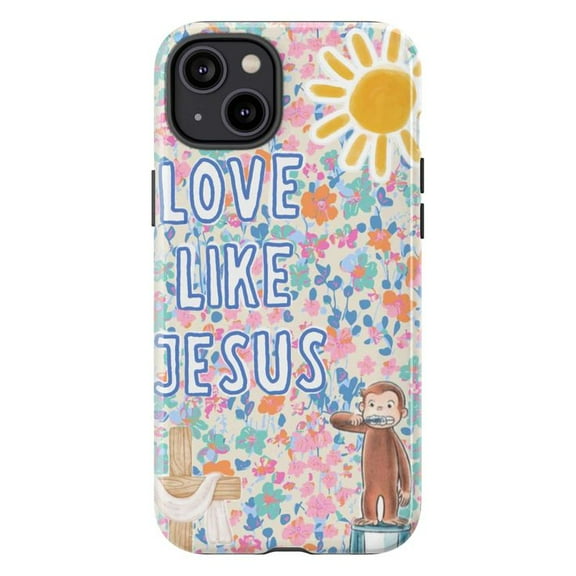 Love Like Jesus Curious Monkey Phone Case, Floral Christian Quote iPhone Cover with Sun and Monkey Art for iPhone 17 16 15 14 13 12 11 Pro Max Plus Mini