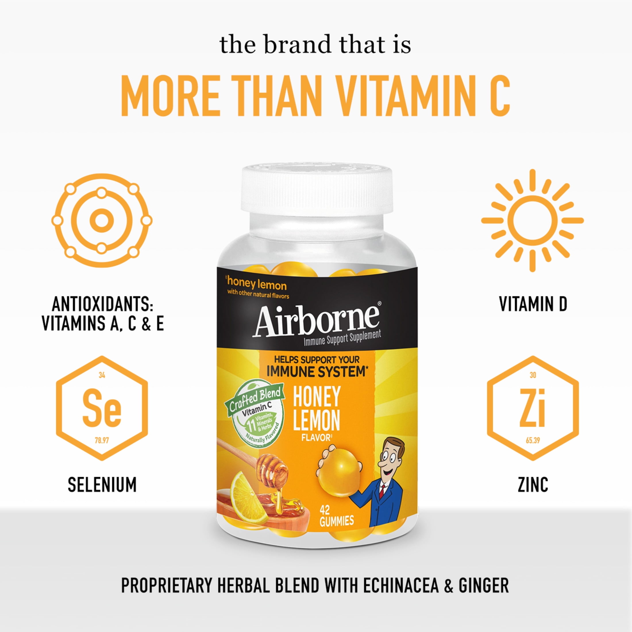Airborne Vitamin C & Zinc Immune Support Gummies, Honey Lemon Flavor, 63 Count