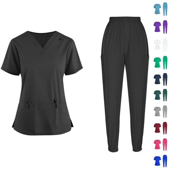 QATAINLAV Two Piece Sets for Women Short Sleeve V Neck Summer Tops and Elastic Waist Joggers Pants Solid Color Scrubs Sets wirh Pockets White S Lightning Sales of Today