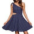 thumbnail image 1 of Nouvelle Robe d'Été à Carreaux pour Femmes Bretelles Inclinées Taille Élastique Robe de Plage, 1 of 8