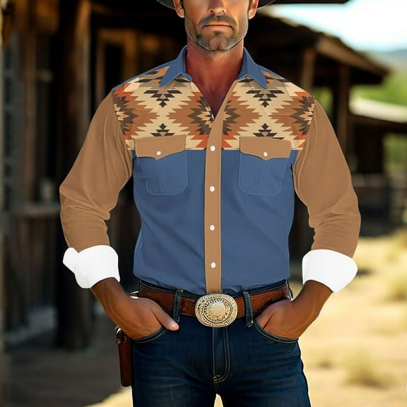 ZRGHAOYLQ Mens Aztec Button Down Shirt Long Sleeve Lapel Collar Shirt Tops Plus Size Color Block Patchwork Shirts Jackets Big and Tall Western Cowboy Cotton Shirts