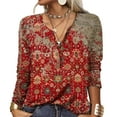 thumbnail image 1 of Blusa elegante con cuello con muescas y estampado floral, manga larga, color rojo, talla XL, 1 of 5