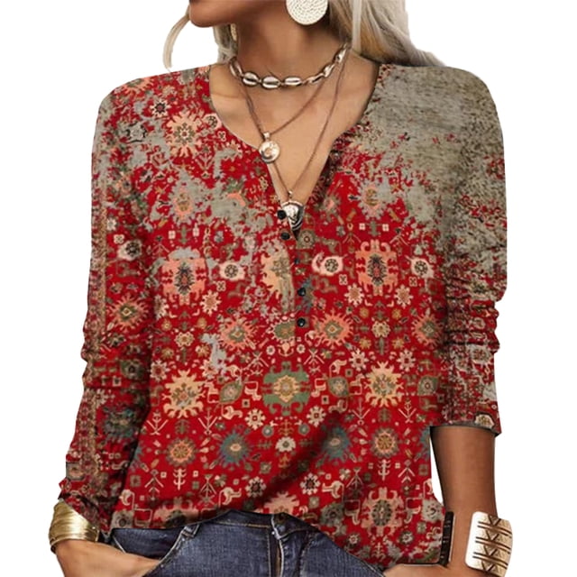 Blusa elegante con cuello con muescas y estampado floral, manga larga, color rojo, talla XL