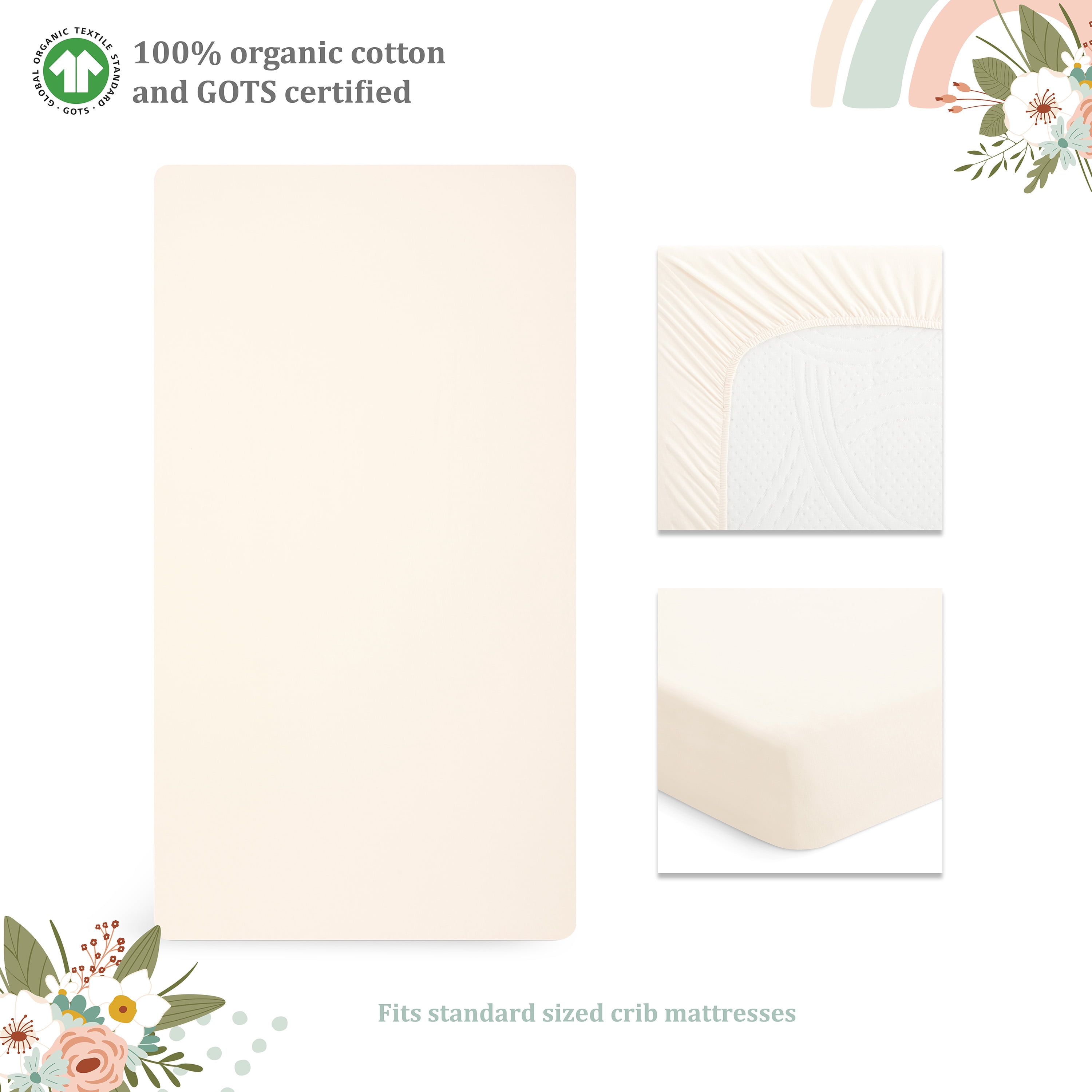 Evolur RainBoho Collection 3pc Toddler Bed Set (Fitted Sheet, Comforter, Pillow Case) in Light Peach & Rainbow Print