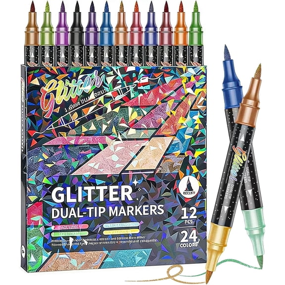 Glitter Effect Brush Markers Pens,24 Colors Dual Tip Glitter Pens Set 12 Pack Metallic Sparkle Markers for Cards,DIY Crafts,Doodle,Writing,Adults Coloring Books,Art Supplies Scrapbooking