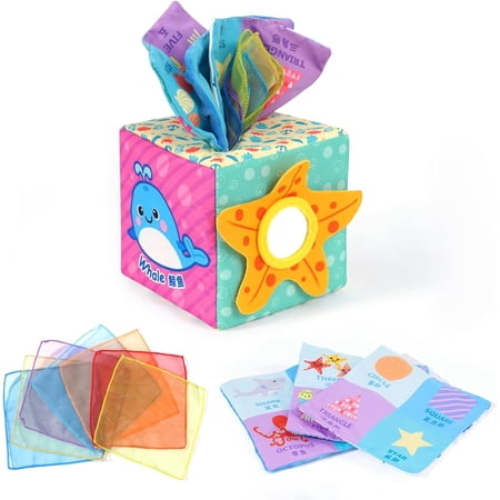Ludolm Baby Square Tissue Box Toy Baby Sensory Toys Musical Toys Montessori Toys Crinkle Toys Colorful Soft Scarf Box for 6 9 12 Months Toddlers Infants Newborns Gift(Farm)