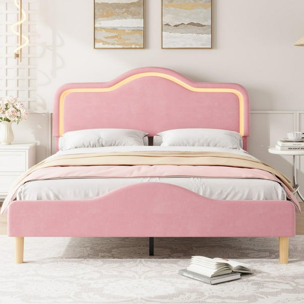QinaQin Base de cama tapizada en terciopelo estilo princesa, con cabecera y piecera LED ajustables, soporte de madera y diseño ideal para niñas o niños