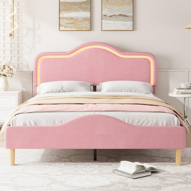 Yeshouse Estructura de cama con cabecero y piecero LED ajustables, cama tipo plataforma Princess tapizada en terciopelo para niñas, soporte de listones de madera, no requiere somier