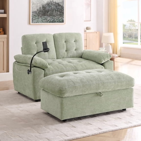 Loveseat Recliner with Manually Adjustable Backrest, Storage Ottoman, USB Charging Port and Phone Stand, Soft Padded Armrests, for Living Room, Bedroom, Home Theater, Cyan
