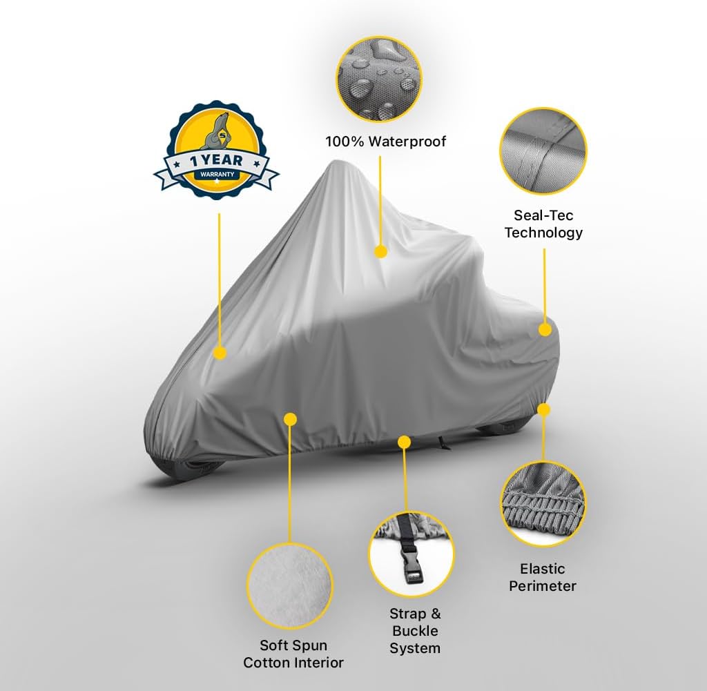 Seal Skin Outdoor Motorcycle Cover, Waterproof All-Season Protection, UV Snow Rain Proof, Fits (81" - 89")