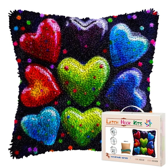 Colorful Heart-shape Shining DIY Latch Hook Pillow Kits for Adults Printed Pillowcase Crochet Yarns Hooking Handmade Pillow Cover Cushion for Home Sofa Decoration 17x17inch(1)