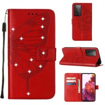 Dteck For Samsung Galaxy S21 Ultra 360 Protection Case,Shockproof TPU Luxury Diamond Embossed Butterfly PU Leather Flip Wallet Stand Cover w/ Hand Strap.For Samsung Galaxy S21 Ultra,Red