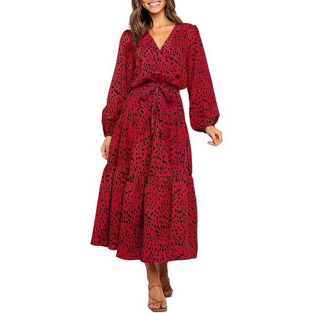 Women's Boho Leopard Print Ruffle Long Sleeve V Neck Casual Flowy Party Maxi Dress
