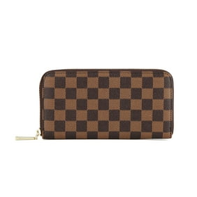 Daisy Rose Women’s Check Zip Around Wallet and Phone Clutch - RFID Blocking with Card Holder Organizer -PU Vegan Leather, Brown